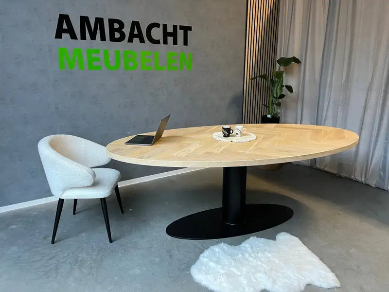 Ovale Eiken Visgraat Tafel Bistro Poot Rond