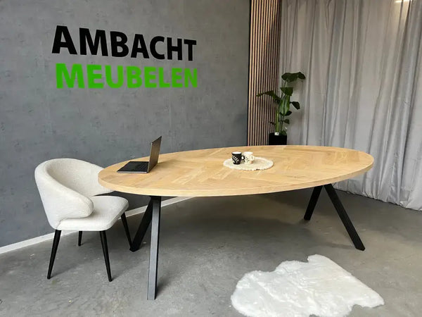 Ovale Eiken Visgraat Tafel X-Inside Hoge Knik