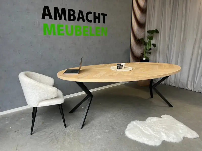 Ovale Eiken Visgraat Tafel X-Inside Midden Knik