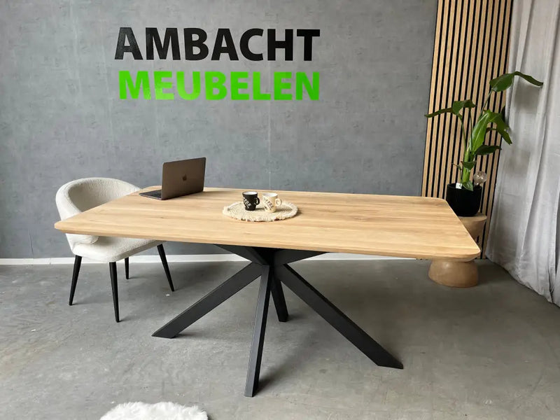 Verjongde Rechte Eiken Tafel met Ronde hoeken Matrix 8x4 cm hoge Knik