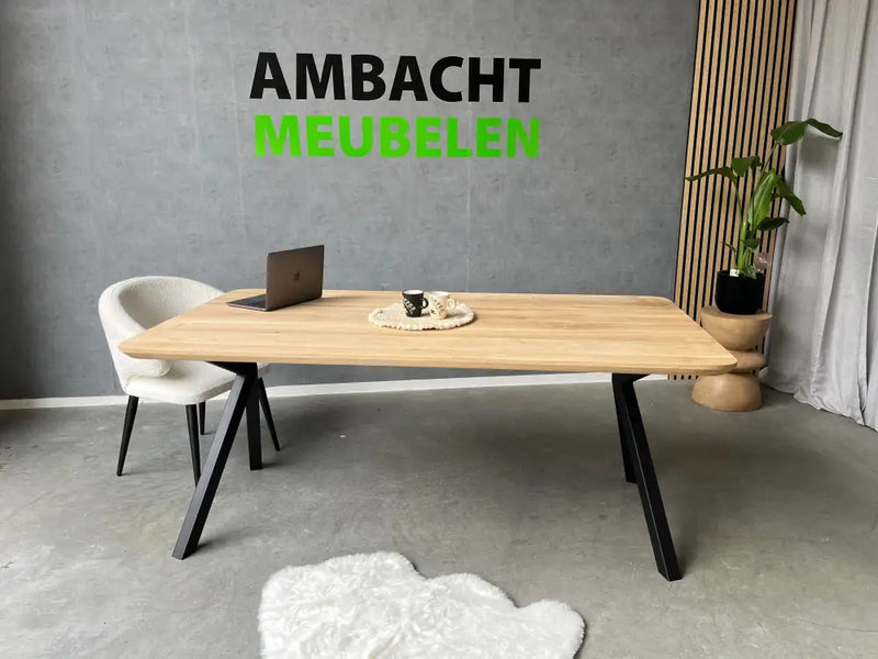 Verjongde Rechte Eiken Tafel met Ronde hoeken X-Inside Hoge Knik