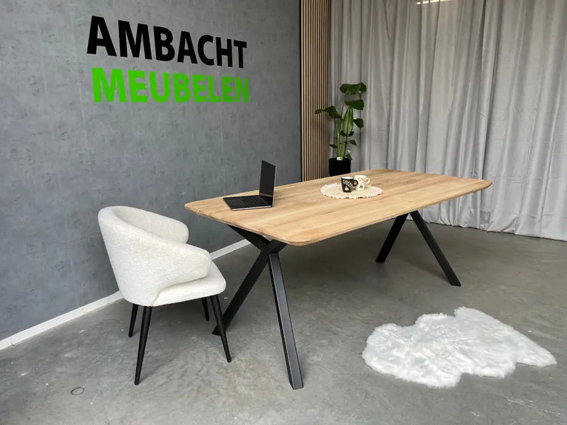 Verjongde Rechte Eiken Tafel met Ronde hoeken X-Inside Hoge Knik
