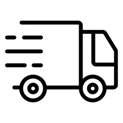 Zwart-witte lijntekening van een bezorgwagen met snelheidslijnen die beweging aangeven.